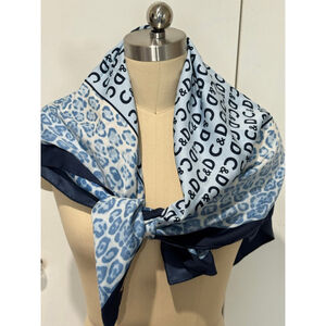 Women's Blue & White Leopard Print “D&C” Square Italian Silk Scarf 34x34”